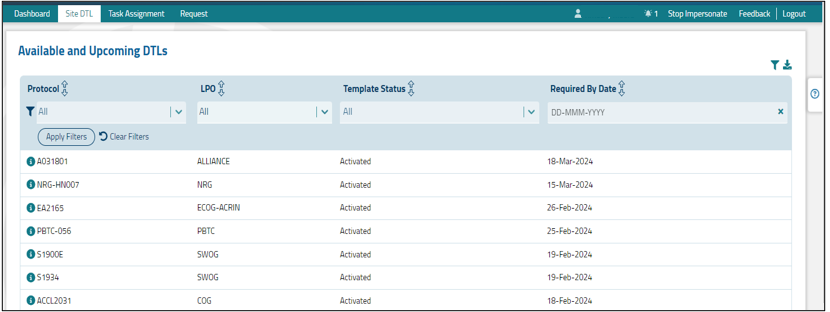 Available and Upcoming DTLs screen