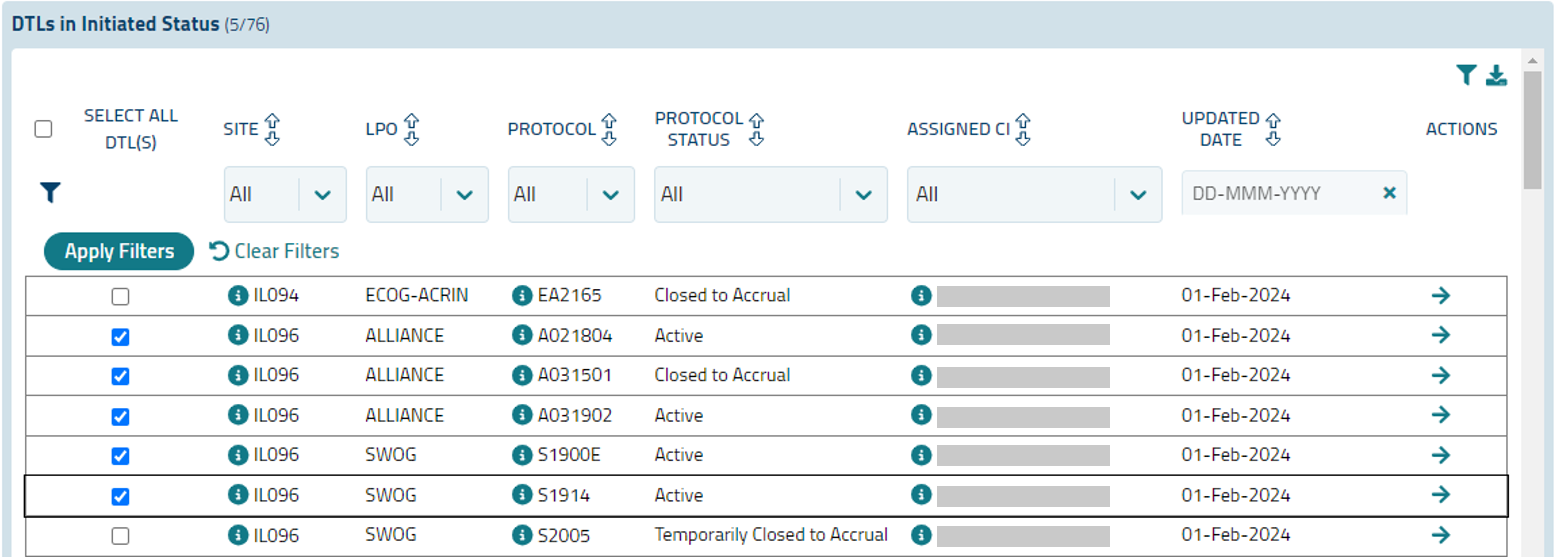 DTLs in Initiated Status grid