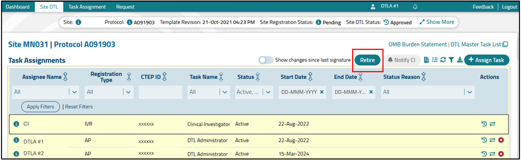 Retire button for Retiring Site DTL