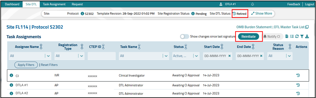 Reinitiate DTL button