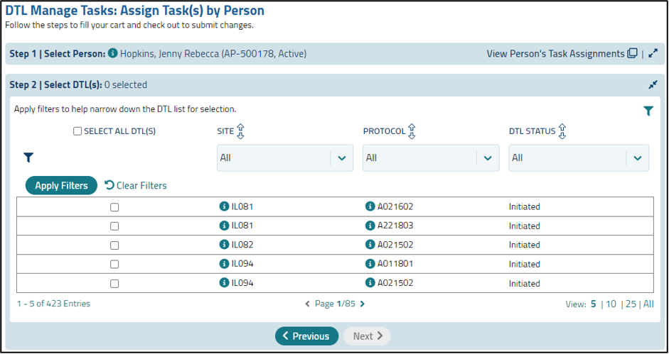 Assign Task(s) by Person – Select DTLs grid