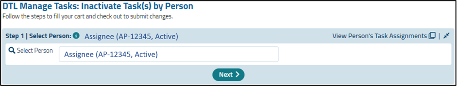 Step 1 to Inactivate Tasks by Person – Select Person section