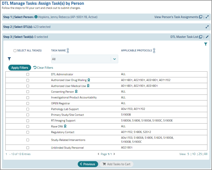Assign Task(s) by Person – Select tasks grid