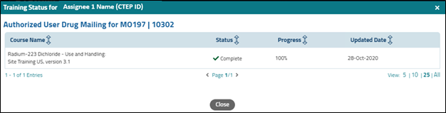 Training status popup for individual task assignment.